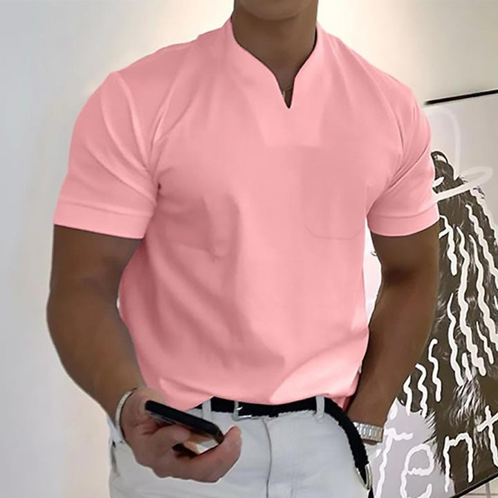 Men's Ethan classic pink polo shirt with a clean fit, short sleeves, and a neat buttonless placket.