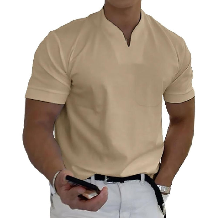 Men's Ethan classic polo shirt in a clean-fit beige, featuring a neat buttonless placket and waist-length hem.