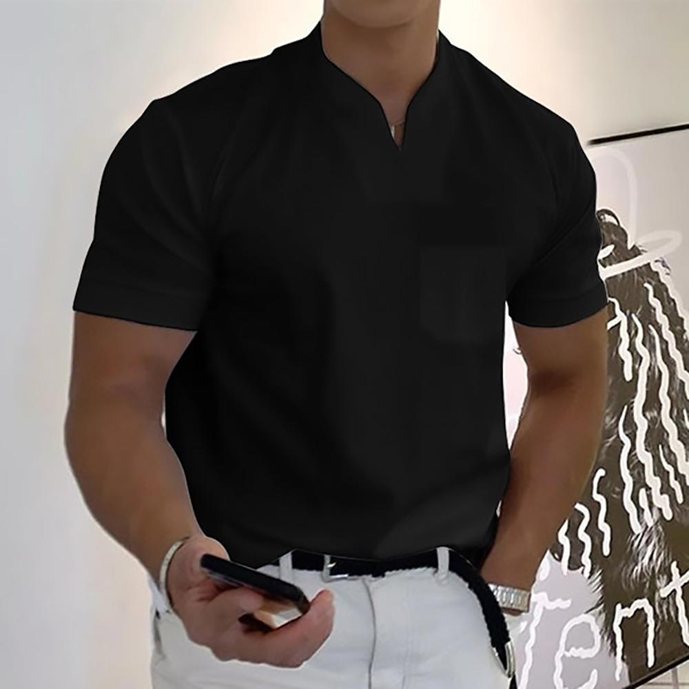 Men's Ethan classic black polo shirt with a clean fit, neat buttonless placket, and waist-length hem.