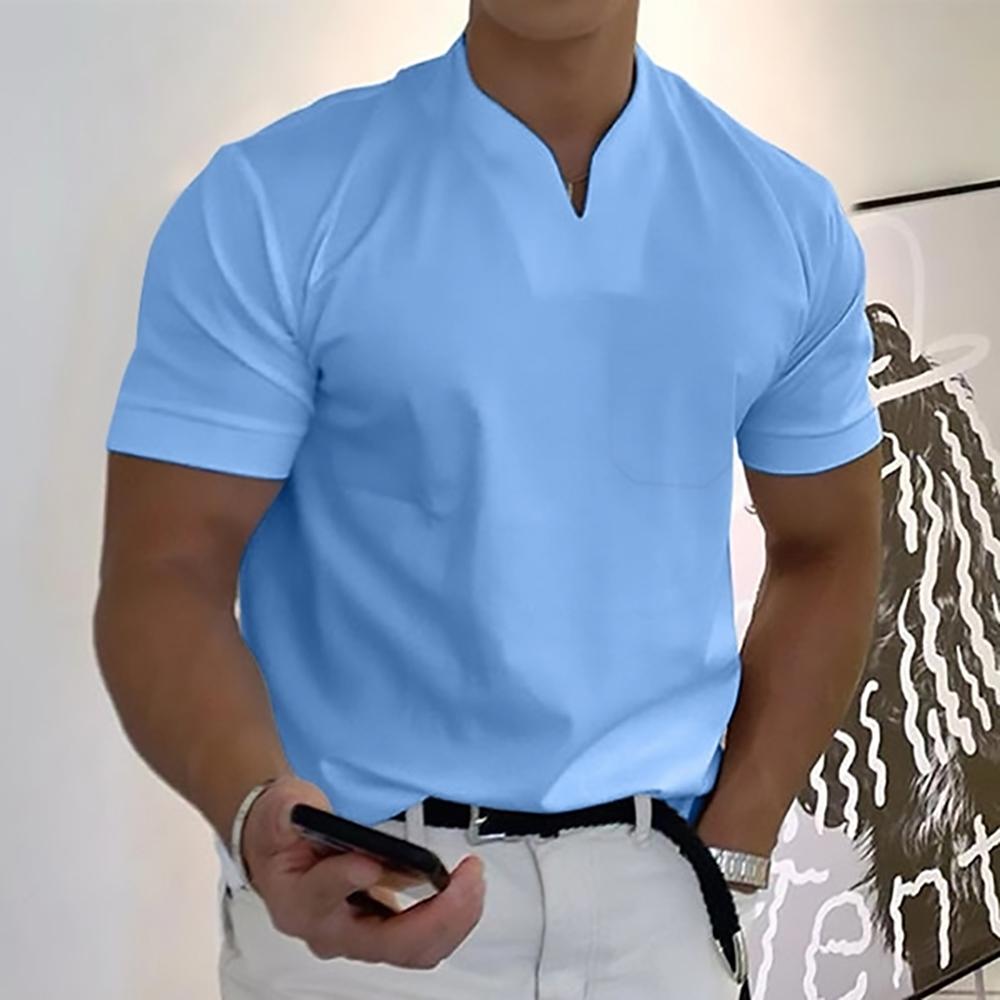 Men's Ethan classic light blue polo shirt with a clean fit and V-neck, perfect for smart-casual style.