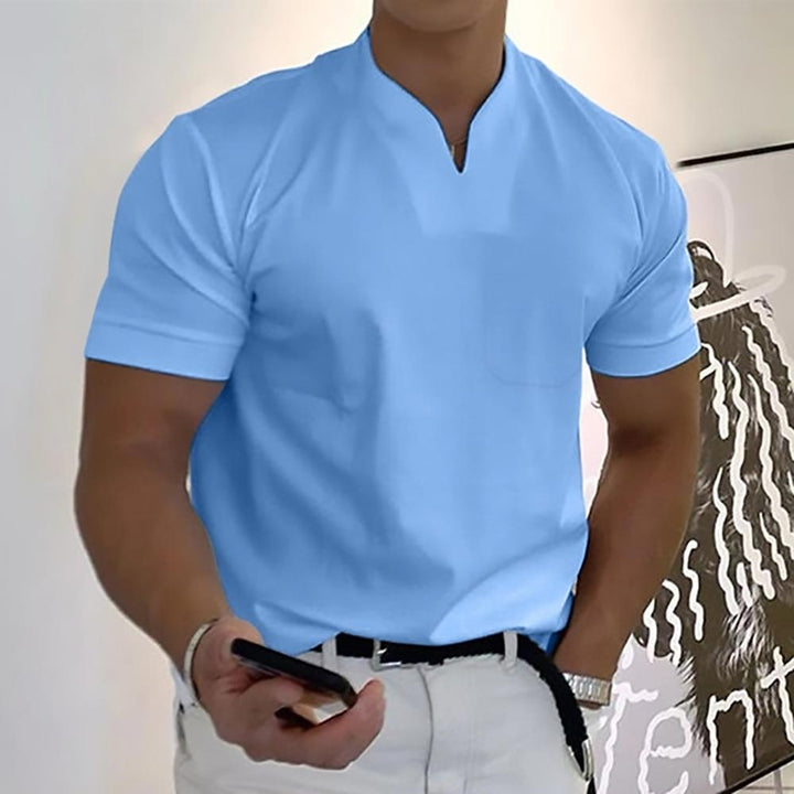 Men's Ethan classic light blue polo shirt with a clean fit and V-neck, perfect for smart-casual style.