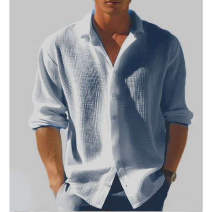 Men's Ethan light blue linen button-up shirt with rolled long sleeves, collared neckline, and textured fabric.