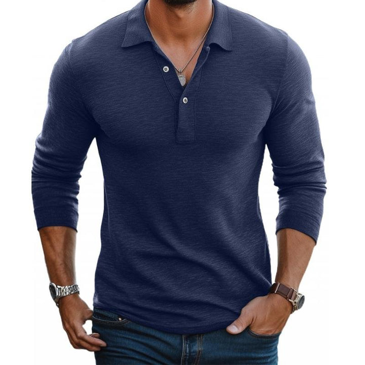 Men's navy slim-fit long-sleeve polo shirt with a collared neckline and button placket.