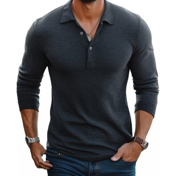 Men's slim-fit long sleeve polo shirt in dark gray with a collared neckline and button placket.