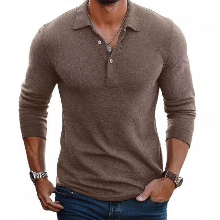 Men's slim-fit long-sleeve brown polo shirt with collared neckline and button placket.
