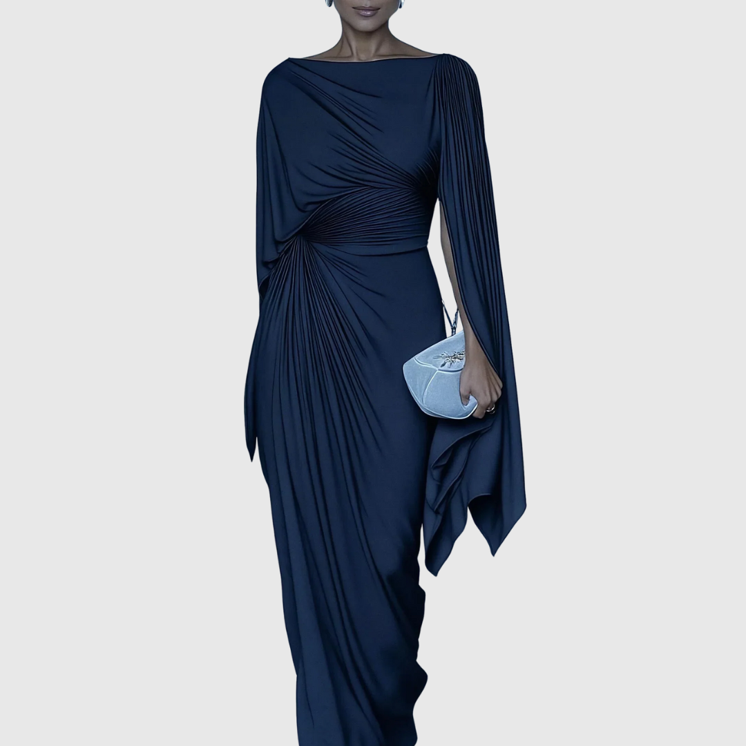Navy blue pleated maxi dress with a draped bodice and long flowing cape sleeve.