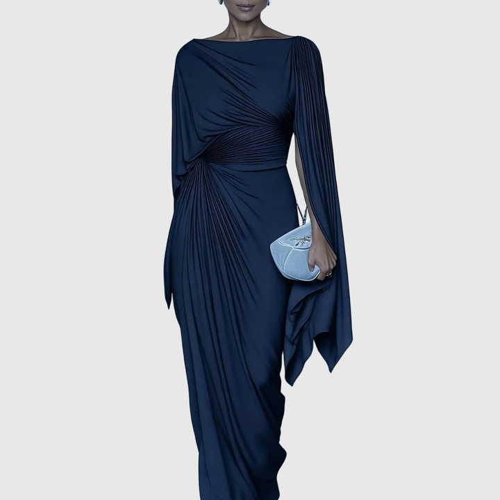 Navy blue pleated maxi dress with a draped bodice and long flowing cape sleeve.