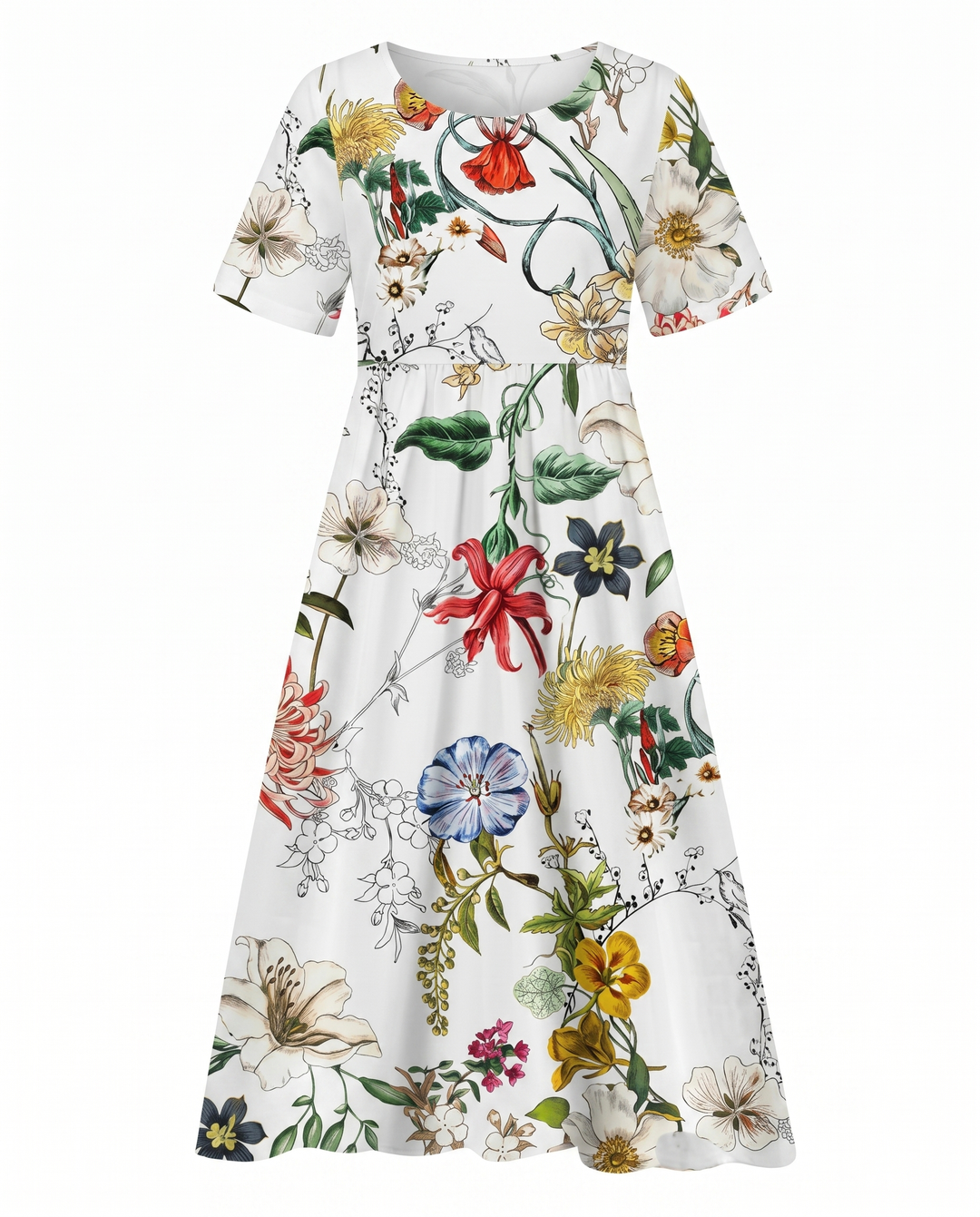 White short sleeve midi dress with colorful floral print and gathered waist.