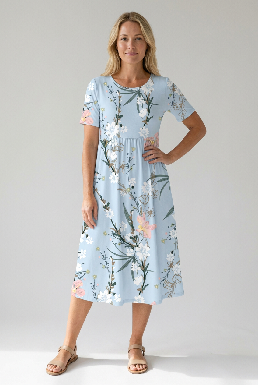 Woman in light blue floral print midi dress with short sleeves, round neck, and gathered waist.