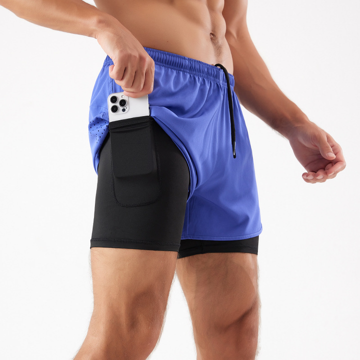 Men's Grant 2-in-1 athletic shorts in blue with a black inner liner and phone pocket.
