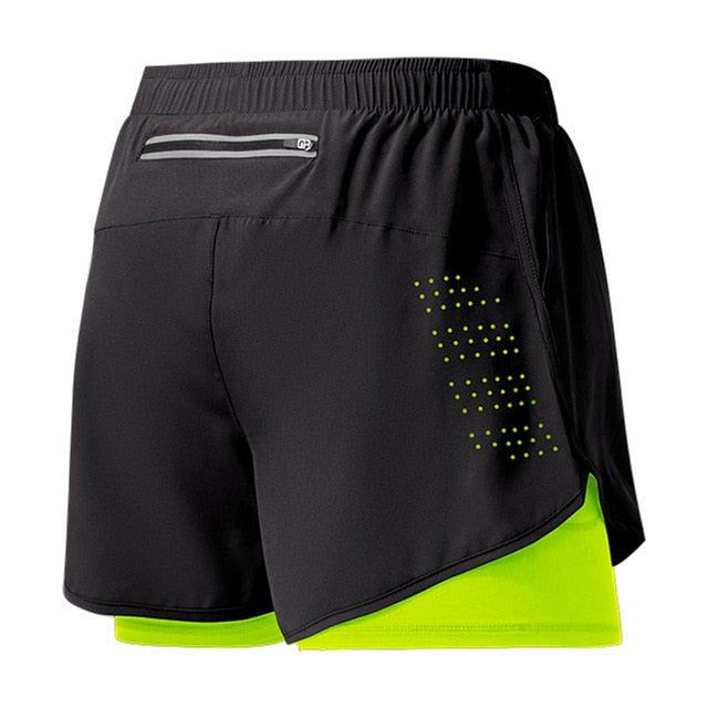Grant men's black 2-in-1 athletic shorts with a neon yellow inner liner and reflective details.
