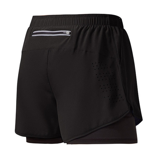 Men's Grant black 2-in-1 athletic shorts with ventilated weave, elastic waistband, and rear zip pocket.