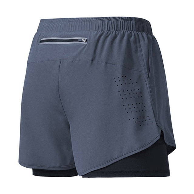 Grant men's 2-in-1 athletic shorts in slate blue with a black inner liner, ventilated weave, and zippered back pocket.