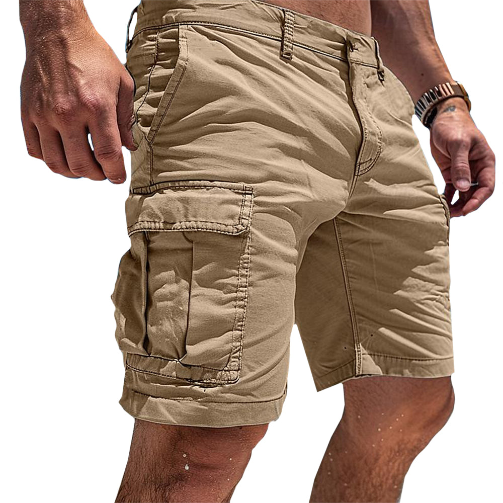 Tan knee-length cargo shorts for men with side utility pockets and a relaxed, comfortable fit for warm weather.