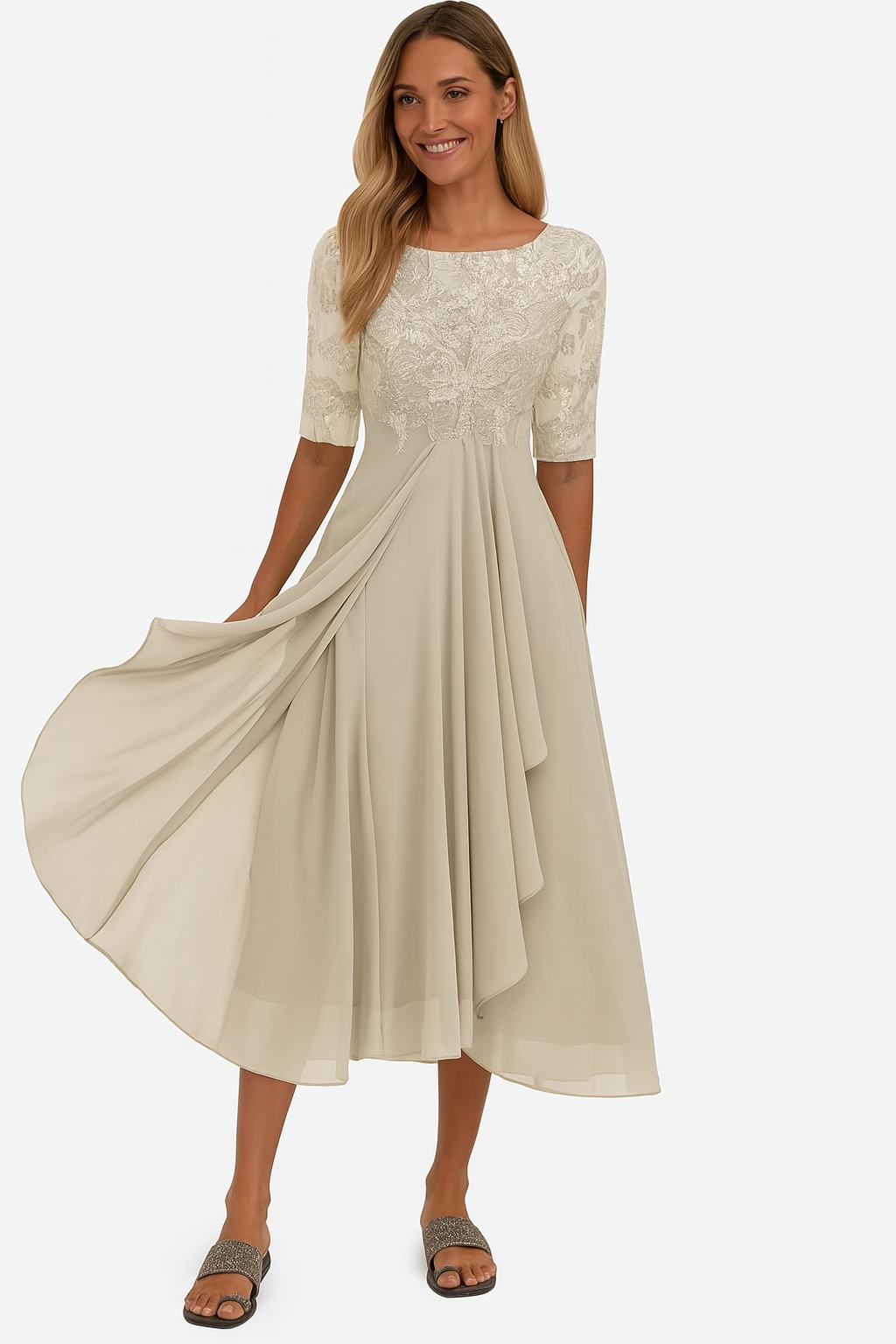 Greta women's beige lace A-line midi dress with sheer half sleeves and flowing skirt.