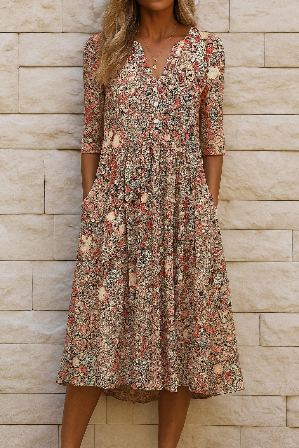 Beige women's printed midi dress with V-neck, 3/4 sleeves, and a flowing skirt.
