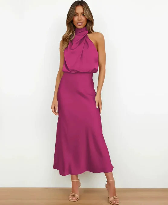 Harper women's magenta satin halter midi dress with elegant neckline and flowing skirt.