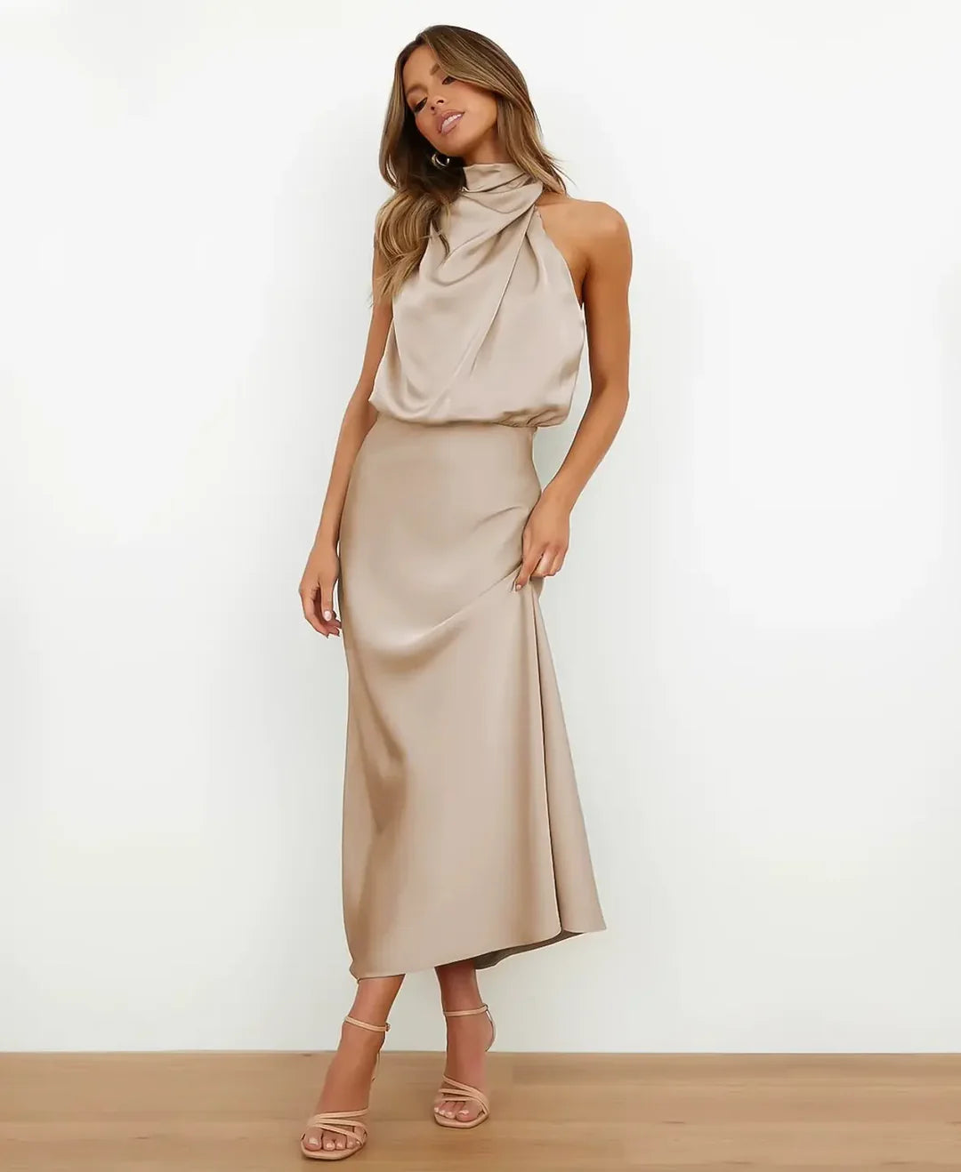Harper Women's Satin Halter Midi Dress in champagne, featuring a graceful halter neckline and luminous sheen.