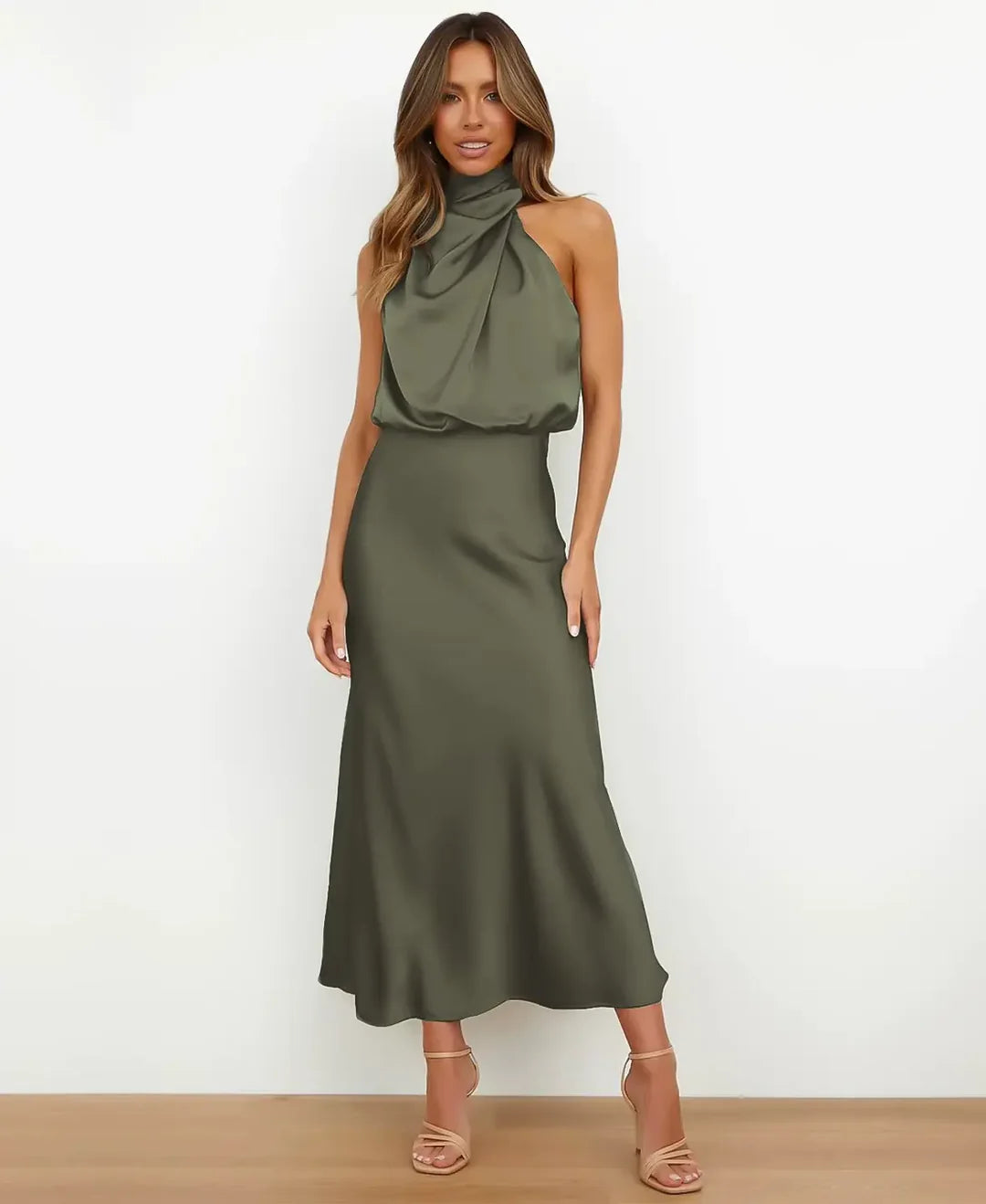 Harper Women's Satin Halter Midi Dress in olive green, featuring a graceful halter neckline and luminous sheen.