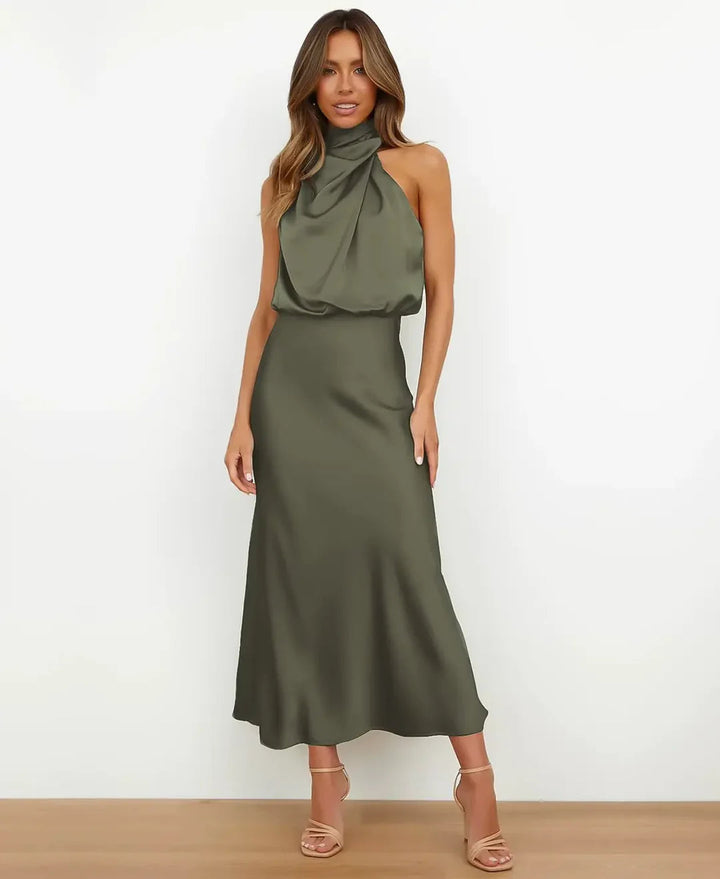 Harper Women's Satin Halter Midi Dress in olive green, featuring a graceful halter neckline and luminous sheen.