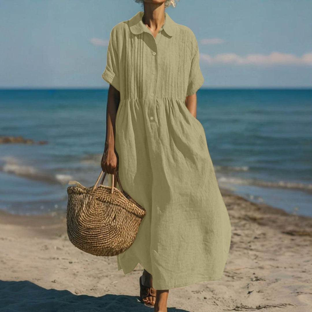 Hazel women's collared button midi dress in a relaxed, airy olive green, perfect for warm, laid-back days.