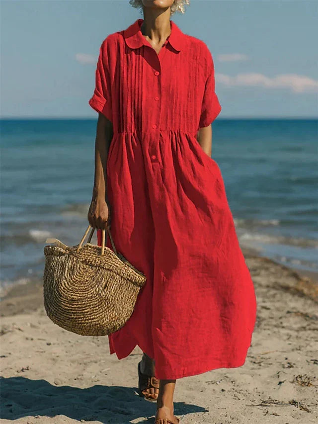 Hazel women's red collared button-front midi dress with short sleeves and a relaxed, airy silhouette.