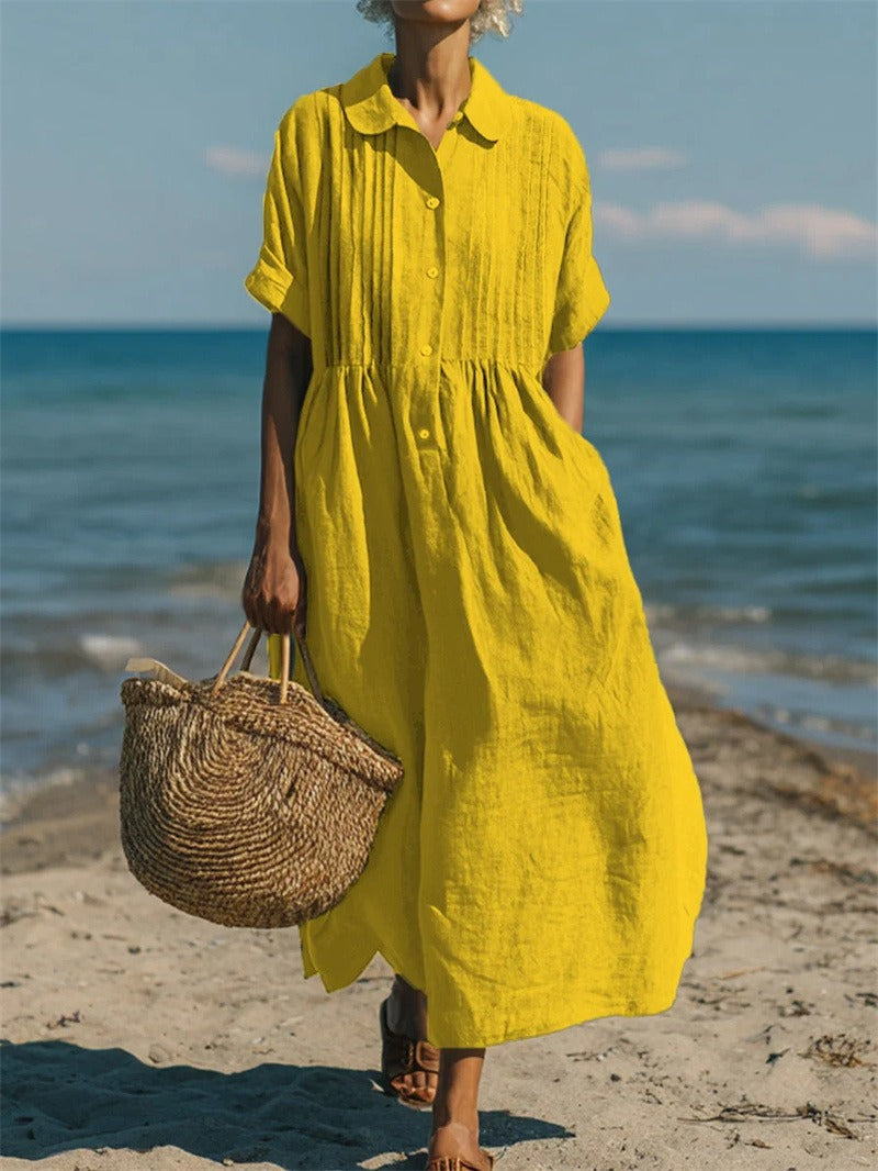 Hazel women's collared button-front midi dress in vibrant yellow, featuring a relaxed, airy silhouette.