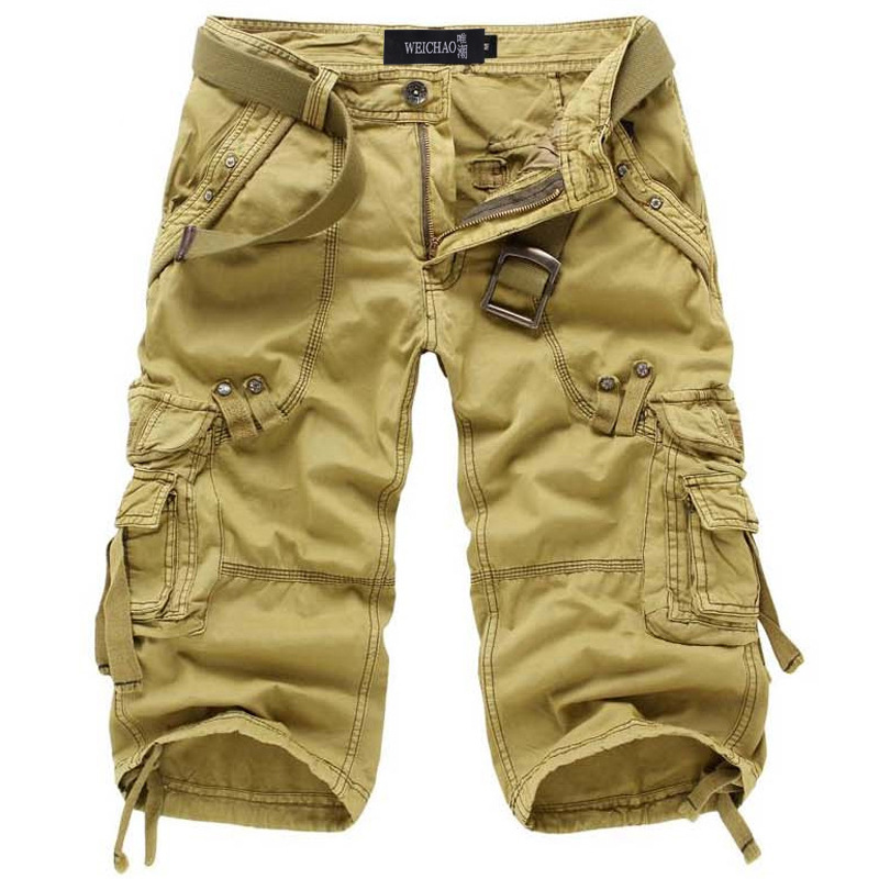 Men's Heinrich knee-length khaki cargo shorts with multiple utility pockets and a built-in belt.