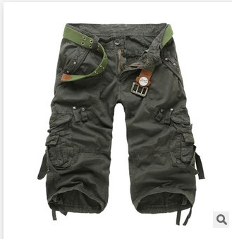 Men's Heinrich knee-length dark grey cargo shorts with multiple utility pockets and a green built-in belt.