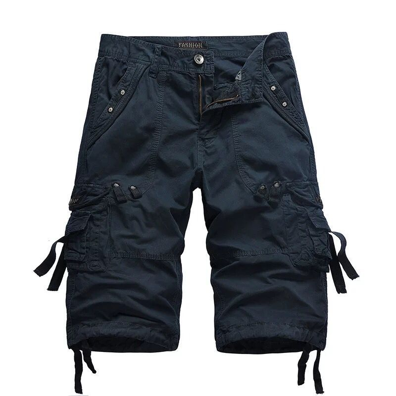 Men's Heinrich navy knee-length cargo shorts with multiple utility pockets, button-zip closure, and tie details.