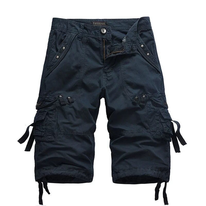 Men's Heinrich navy knee-length cargo shorts with multiple utility pockets, button-zip closure, and tie details.