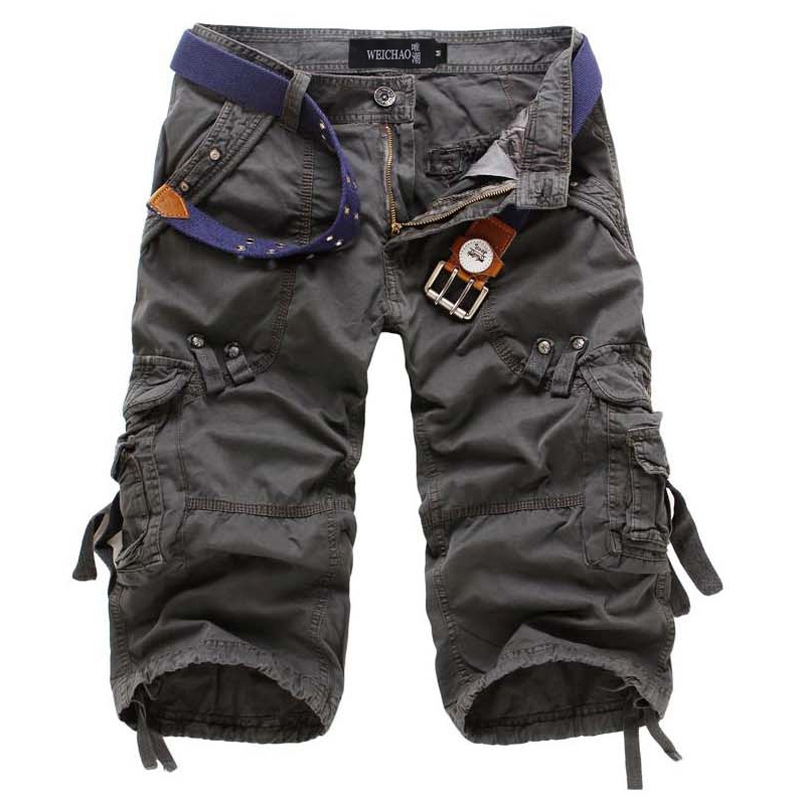 Men's Heinrich knee-length charcoal gray cargo shorts with multiple utility pockets and a blue built-in belt.