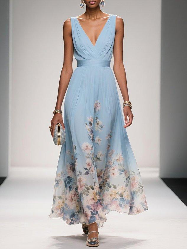 Women's floral V-neck maxi dress in a vibrant print, perfect for wedding guests.