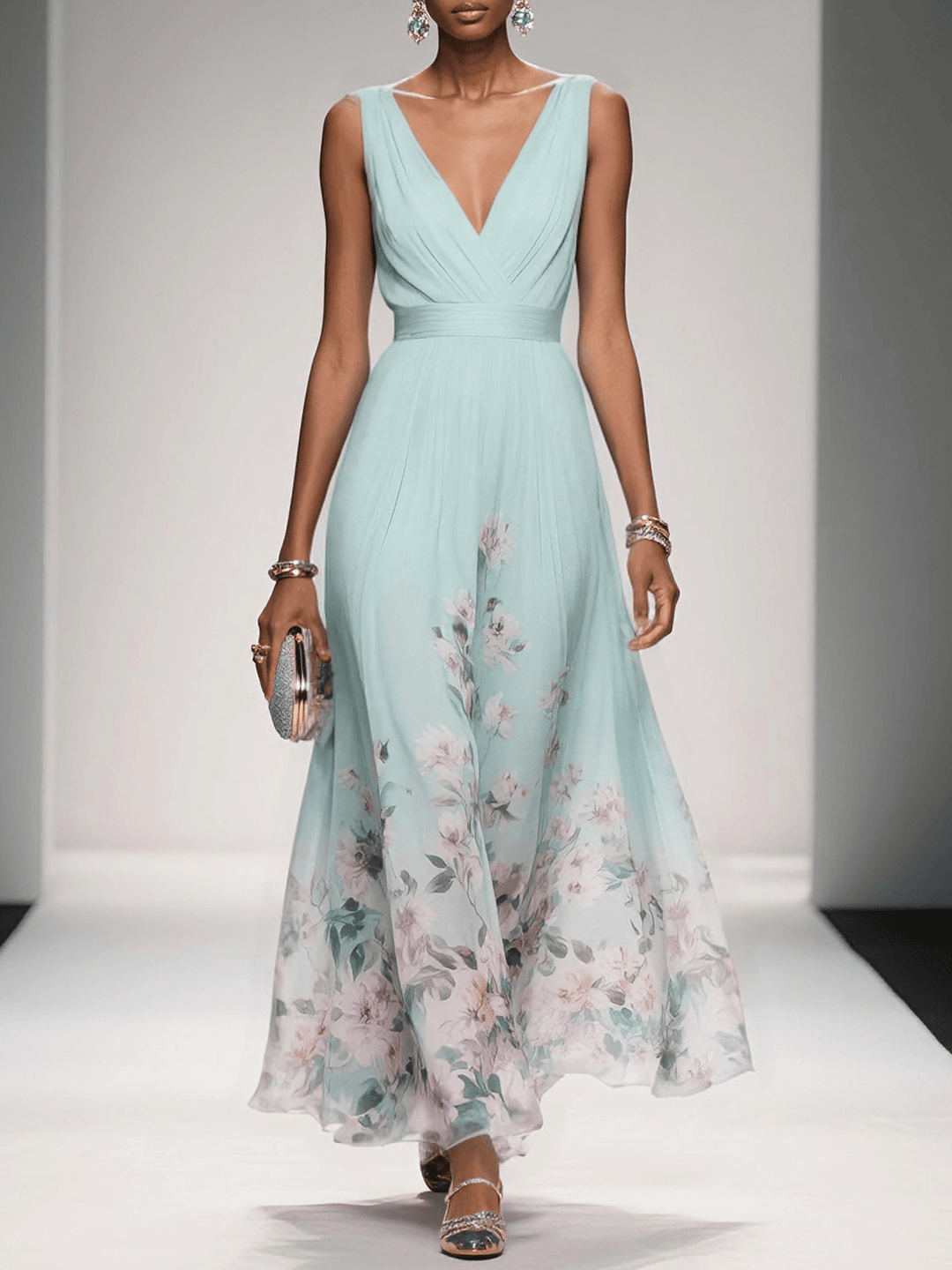 Light green floral V-neck maxi dress for women, perfect for wedding guests.