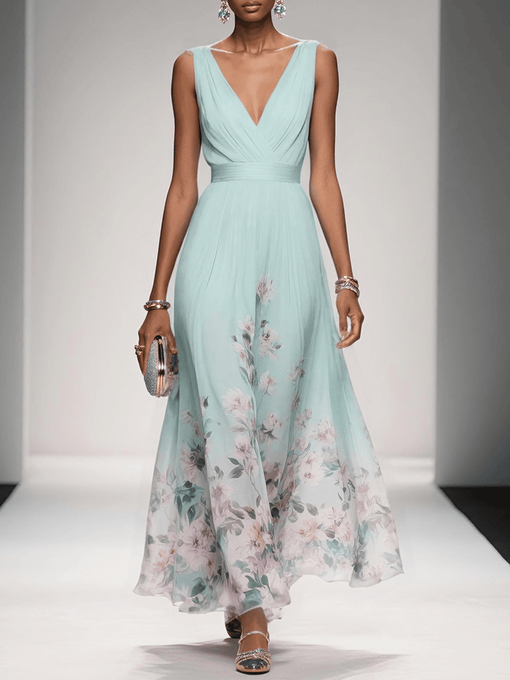 Light green floral V-neck maxi dress for women, perfect for wedding guests.