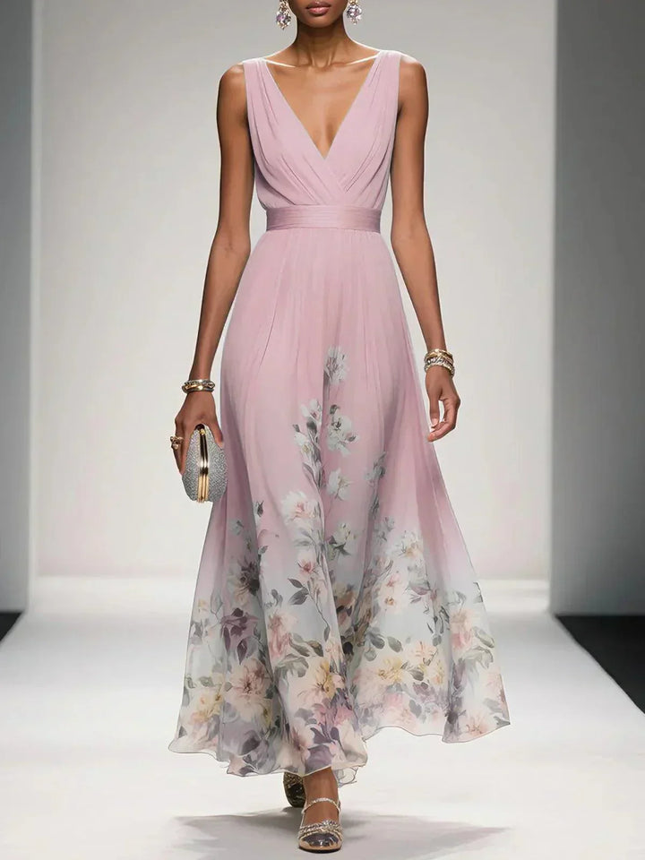 Pink floral V-neck maxi dress for women, perfect for wedding guests.