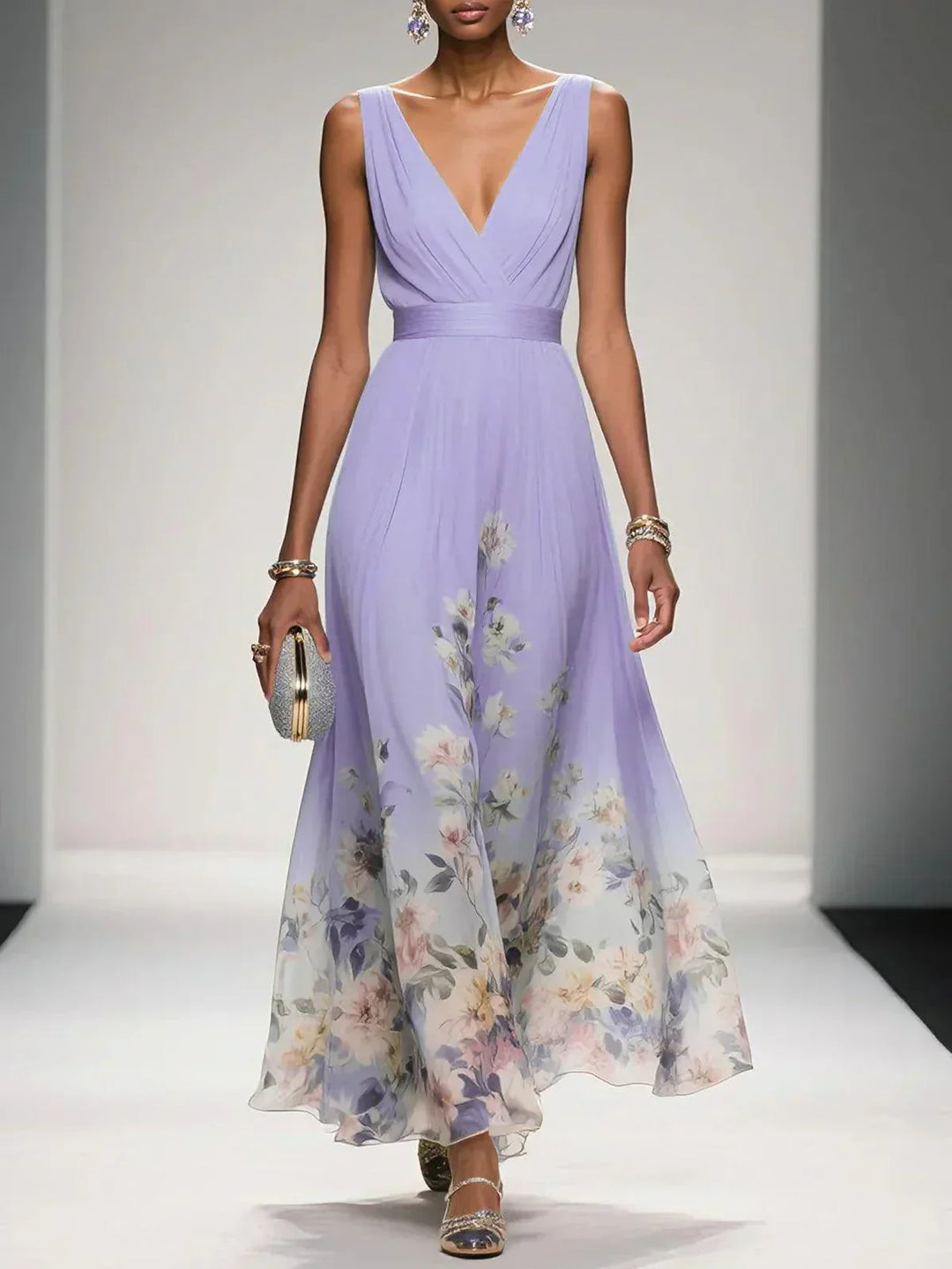 Purple floral V-neck maxi dress for women, perfect for wedding guests.