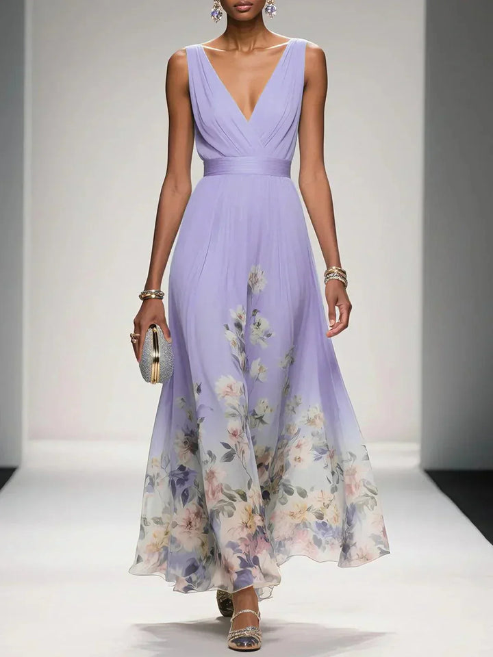 Purple floral V-neck maxi dress for women, perfect for wedding guests.