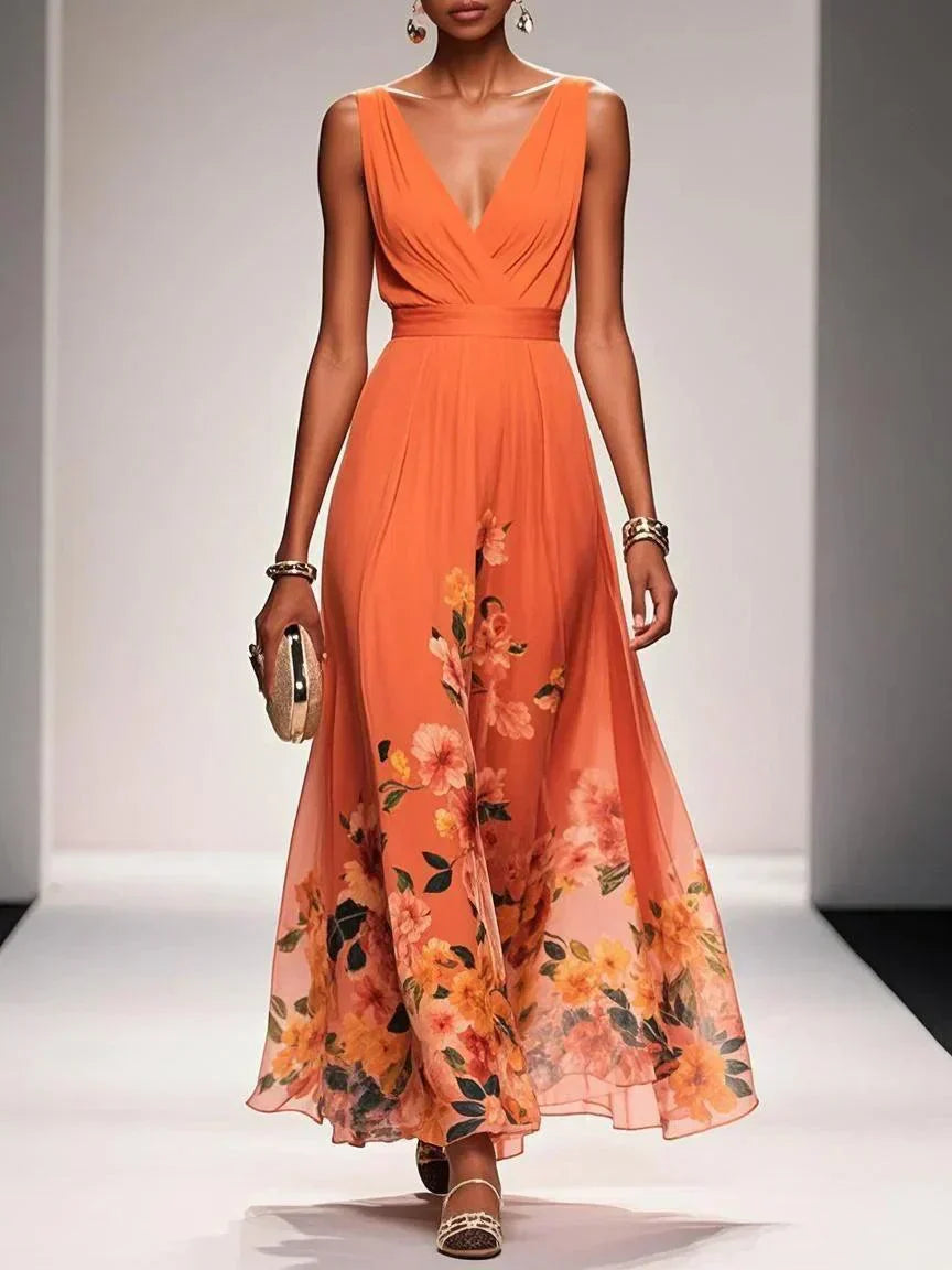 Orange floral V-neck maxi dress for women, perfect for wedding guests.