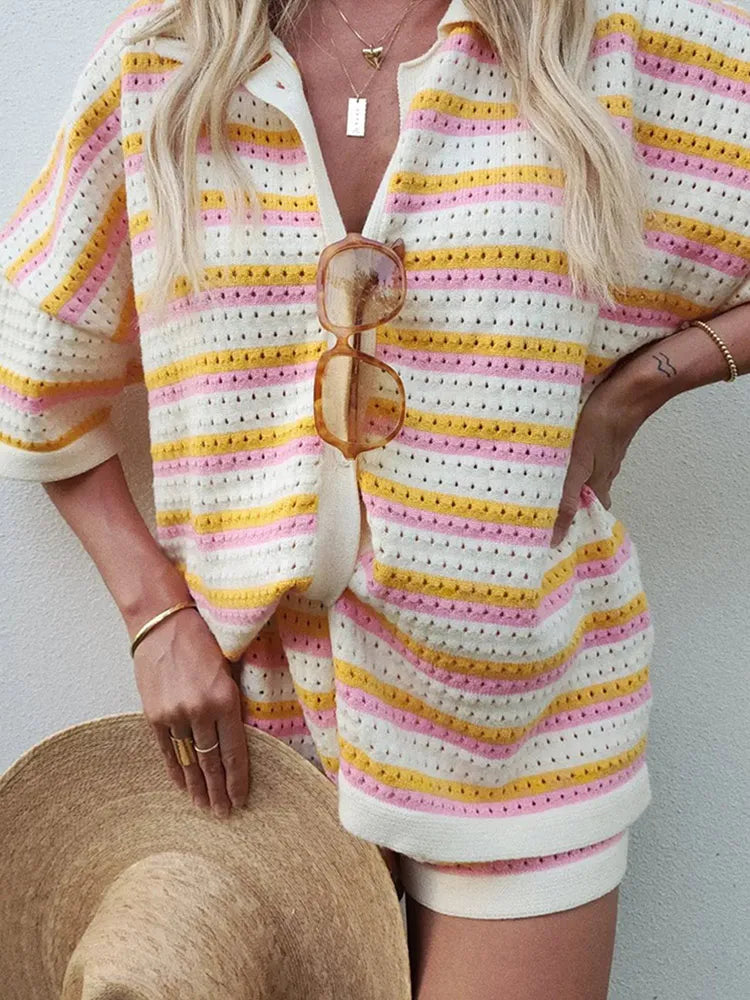 Women's Imelda striped knit shorts set with pink, yellow, and white stripes, button-front top, and matching shorts.