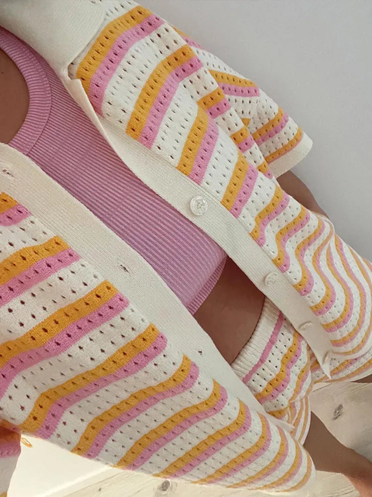 Women's Imelda striped knit shorts set with a pink ribbed top, white, pink, and yellow striped cardigan and shorts.