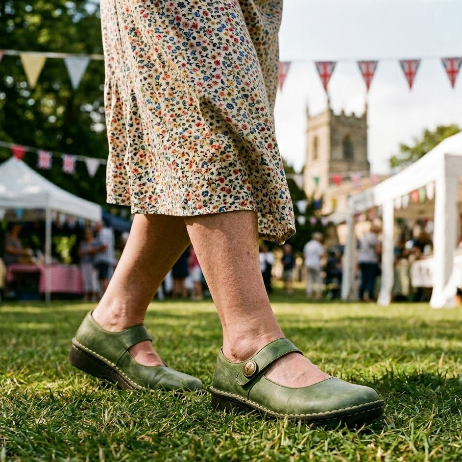 Green leather Isla Mary Jane shoes worn with a floral dress on grass