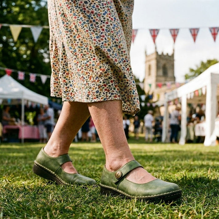 Green leather Isla Mary Jane shoes worn with a floral dress on grass