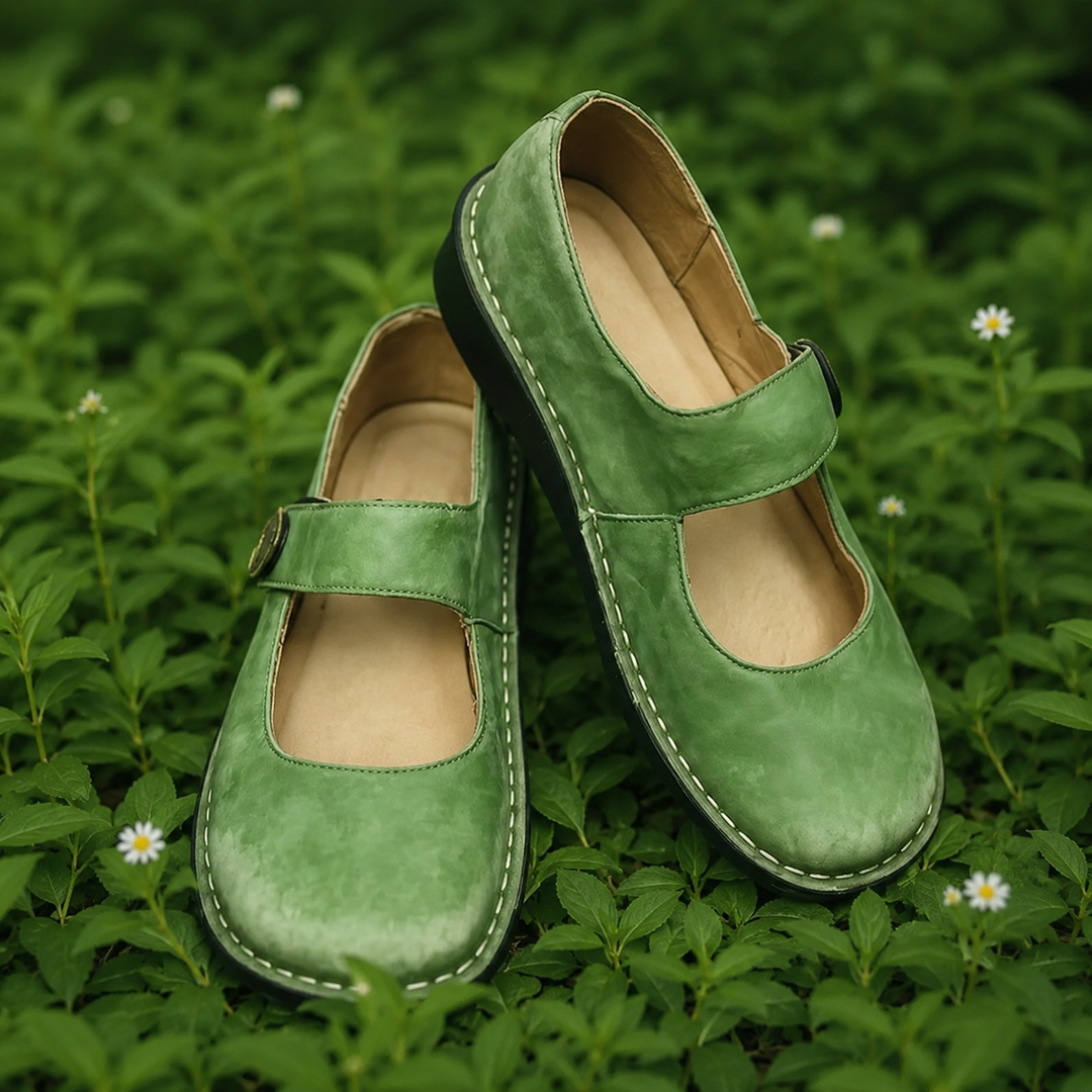 Green leather Isla Mary Jane shoes with white stitching on a bed of green leaves.