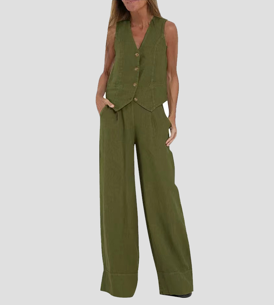 Women's Jhoana olive green linen vest and wide-leg pants set with tailored V-neck and button details.