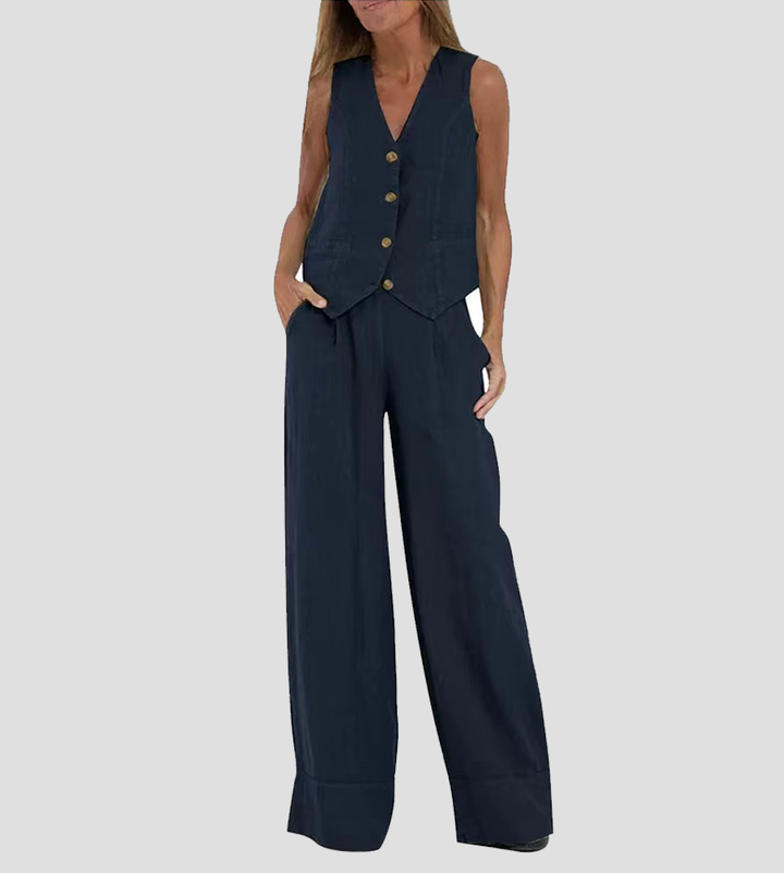 Women's Jhoana navy linen vest and wide-leg pants set with brown buttons.