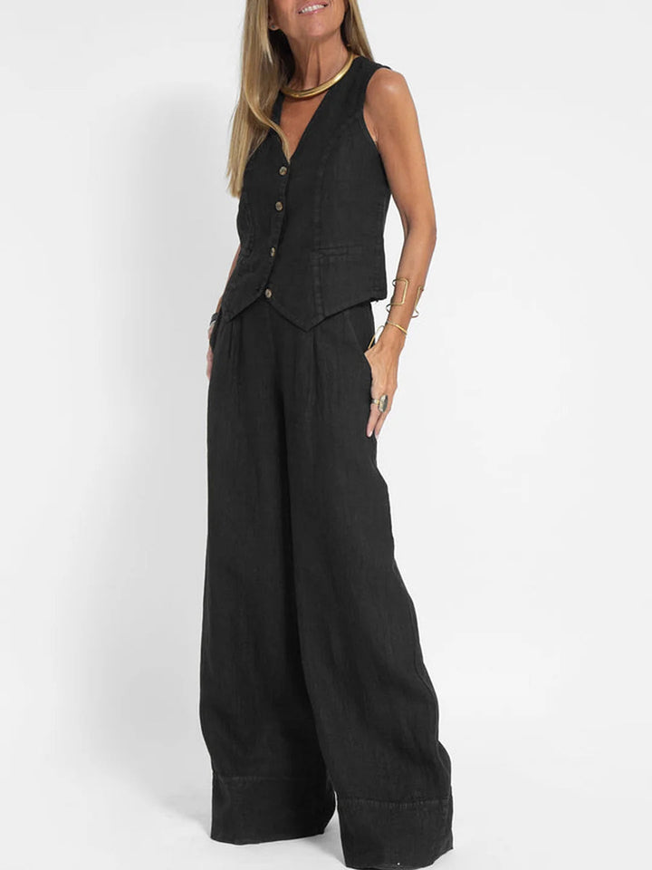 Women's Jhoana black linen vest and wide-leg pants set with a V-neck and button front.