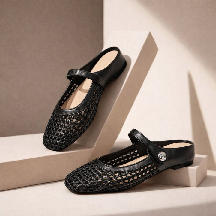 Black Katerina women's orthopedic woven mule flats with Mary Jane strap.
