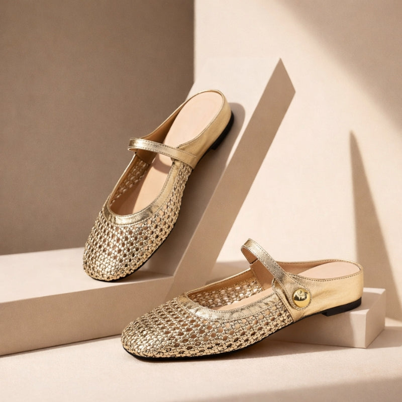 Gold woven mule flats with Mary Jane strap, orthopedic design for women.
