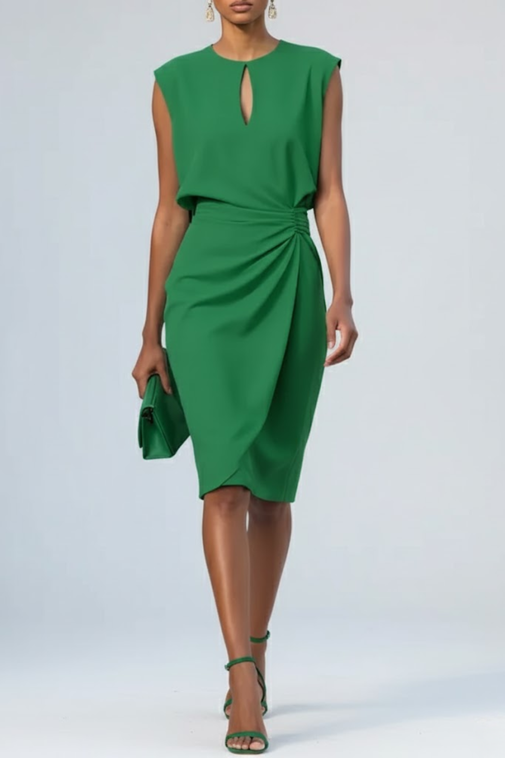Woman in a green keyhole ruched midi dress with a matching clutch and heels.